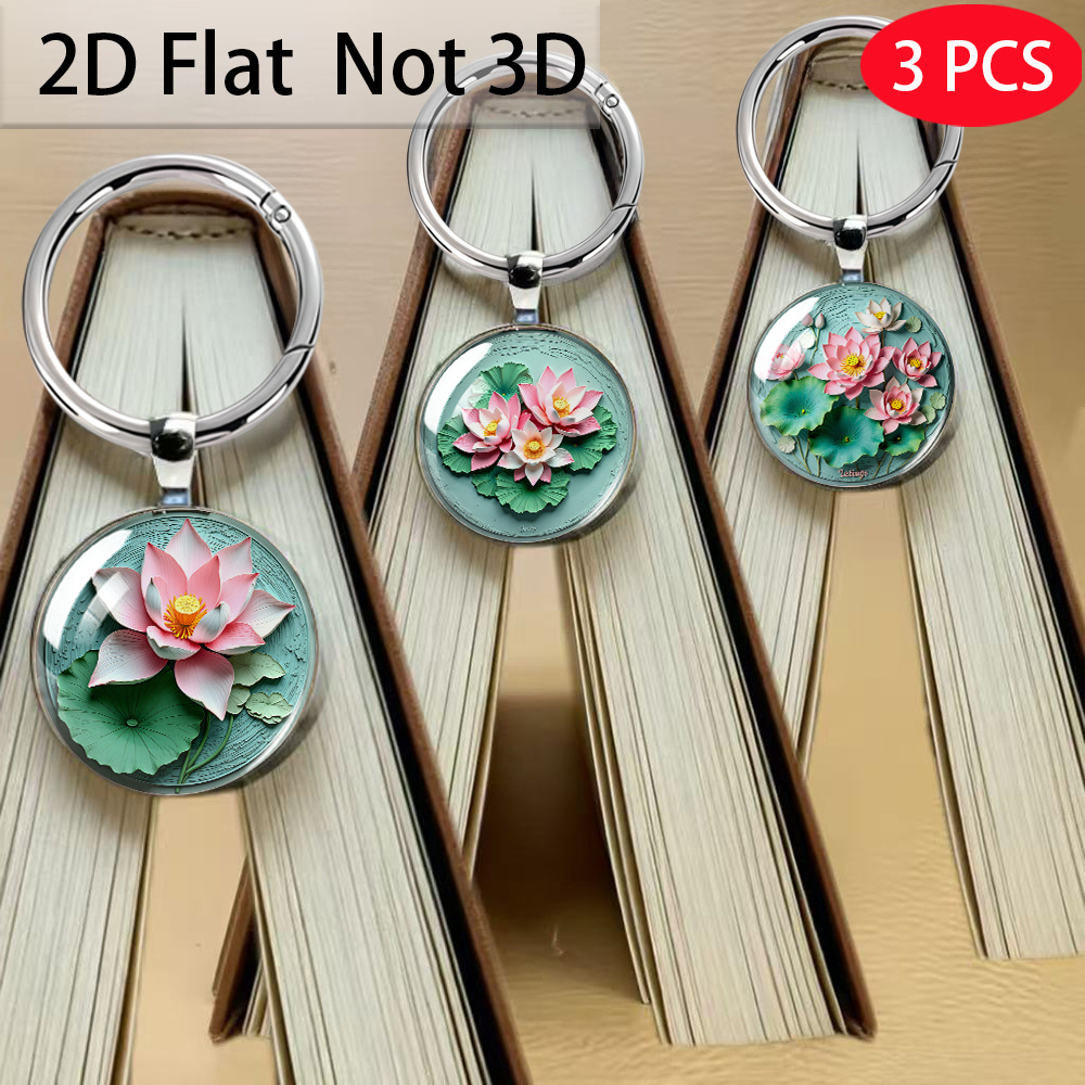 3pcs Watercolor Pink Lotus Keychain Set