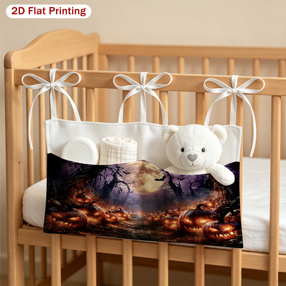 2D Flat Glowing Pumpkins Under Full Moon Pattern Multifunctional Stroller Hanging Bag
