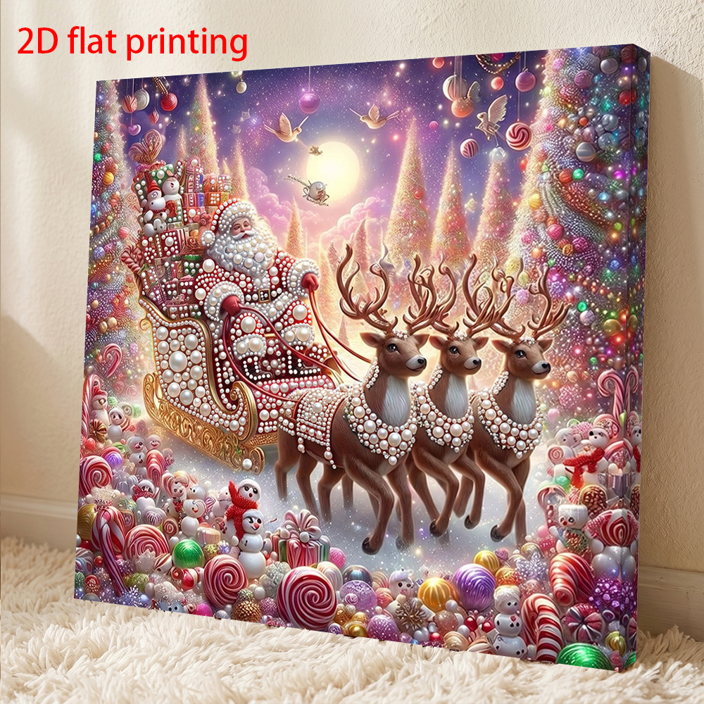 TEMU A Frameless 2d/flat Print Handmade Pearl Painting Kit, Featuring Artistic Cartoon Designs Of Christmas Reindeer, Santa Claus, And A Sleigh.