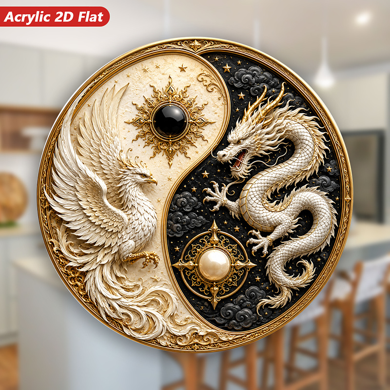 TEMU 1pc Yin Yang Dragon Phoenix Magnet - Yin Yang Symbol With White Dragon And Phoenix Wings, Acrylic Round Fridge Magnet, Suitable For Home,