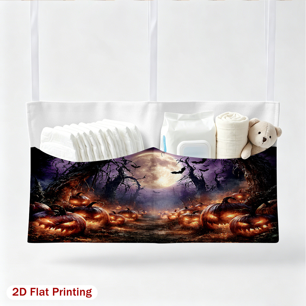 2D Flat Glowing Pumpkins Under Full Moon Pattern Multifunctional Stroller Hanging Bag