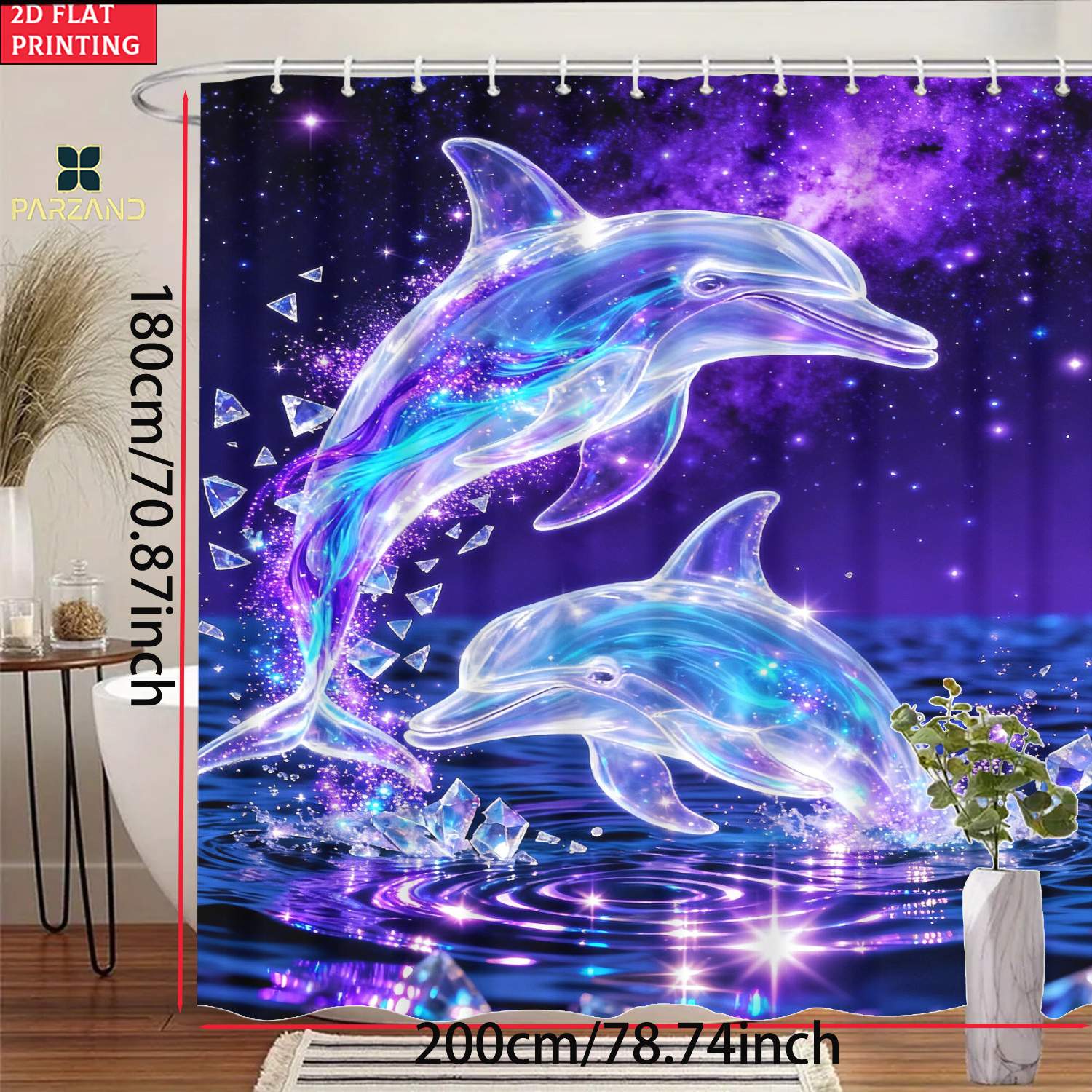 TEMU 2d Flat, 2d Flat 1pc Dolphin Shower Curtain, Shower Curtain With 6/12 Hooks, Elegant Bathroom Decor For Home And Hotel Use, Gifts For Family Or