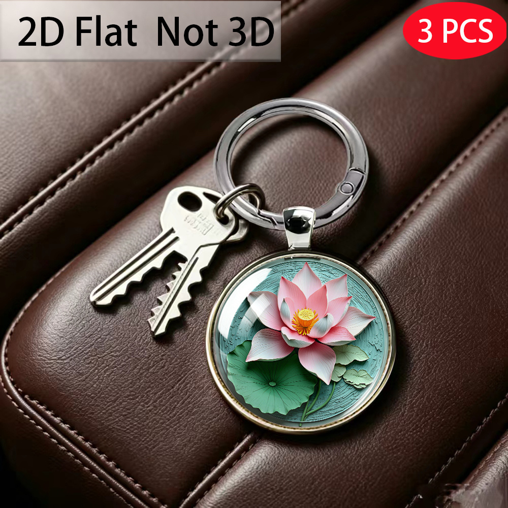 3pcs Watercolor Pink Lotus Keychain Set