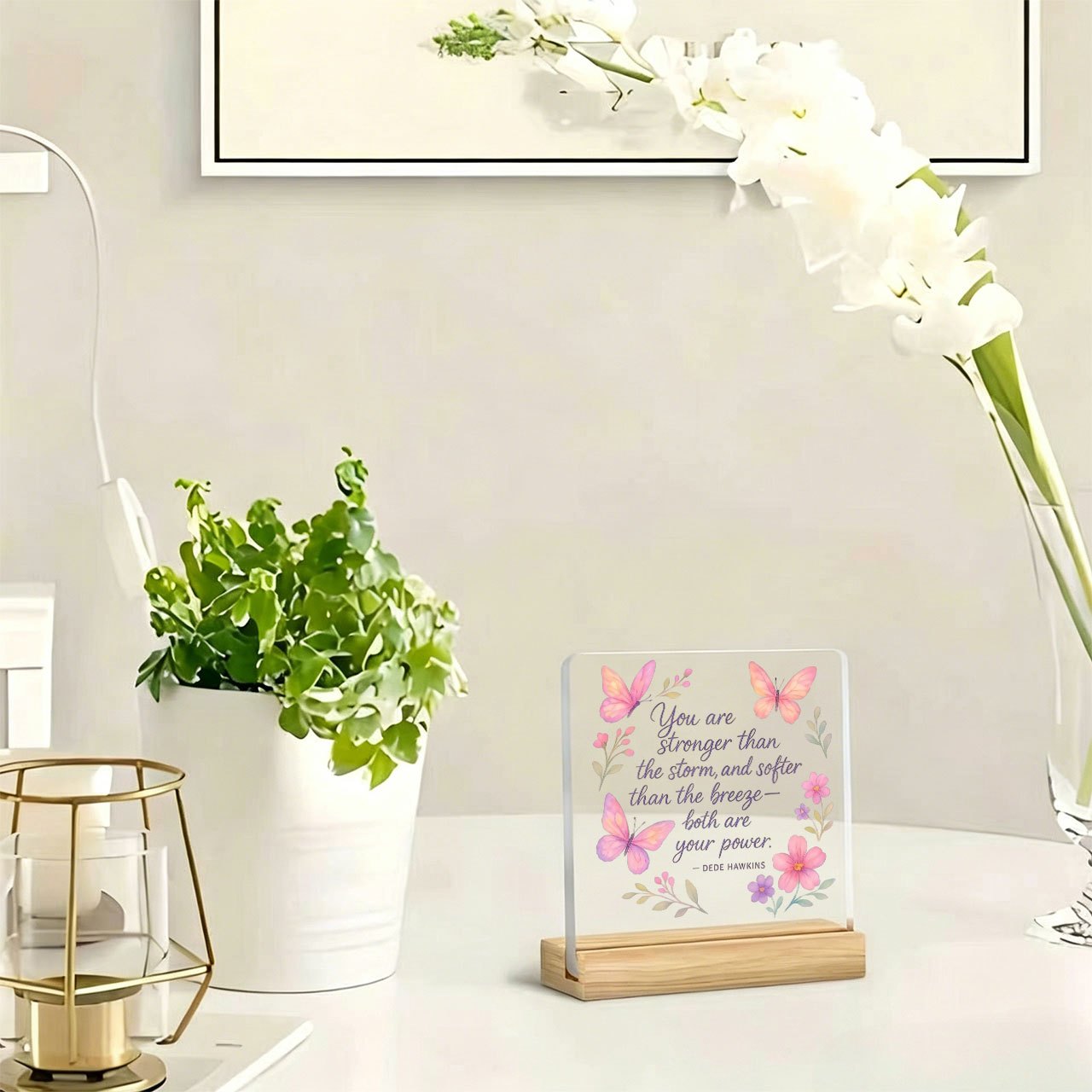 TEMU 1pc Pink Floral Inspirational Quote Ornament Slogan Ornament Warm, Inspirational Slogan, Acrylic Ornament, With Wooden Base, Paperweight, Office