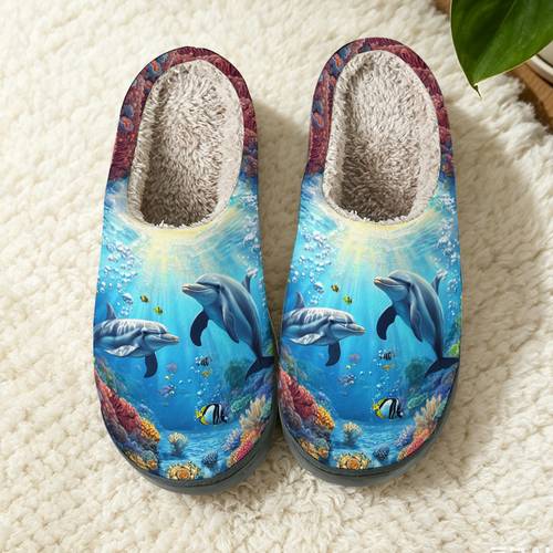 item picture 1 pair dolphin pattern slippers novelty soft slippers with sole warm comfortable slippers for women and men home bedroom indoor outdoor ideal for gift women shoes