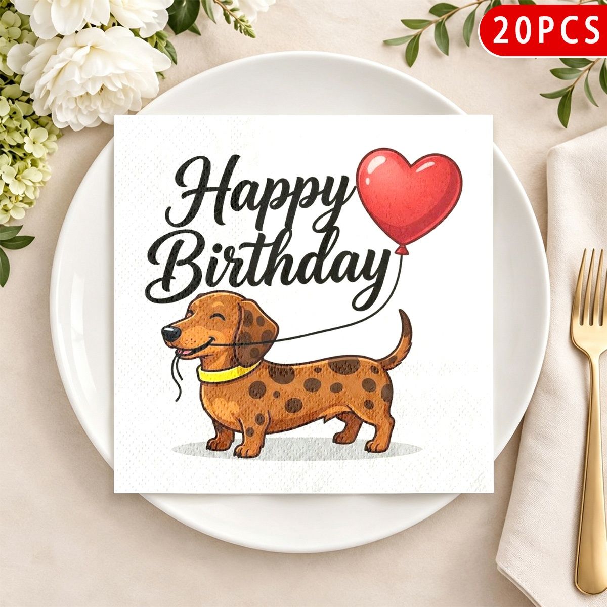 TEMU 20pcs Dachshund Birthday Heart Balloons Happy Birthday Double-layer Pattern Napkins, Suitable For Party Evening Activities, Gift For ,