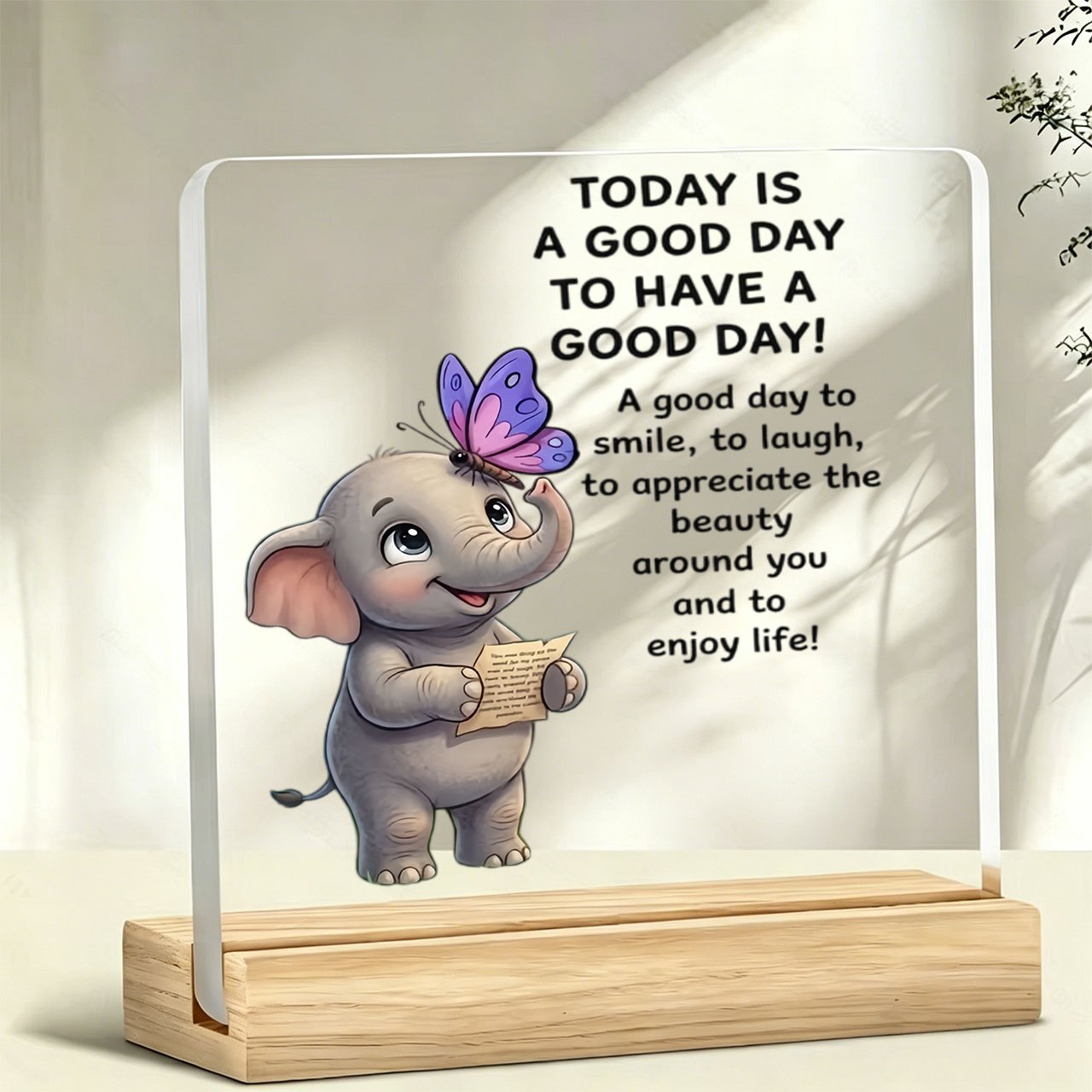 TEMU [2d Flat] 1pc Cartoon Decorative Ornament Slogan Ornament Warm, Inspirational Slogan, Acrylic Ornament, With Wooden Base, Paperweight, Office