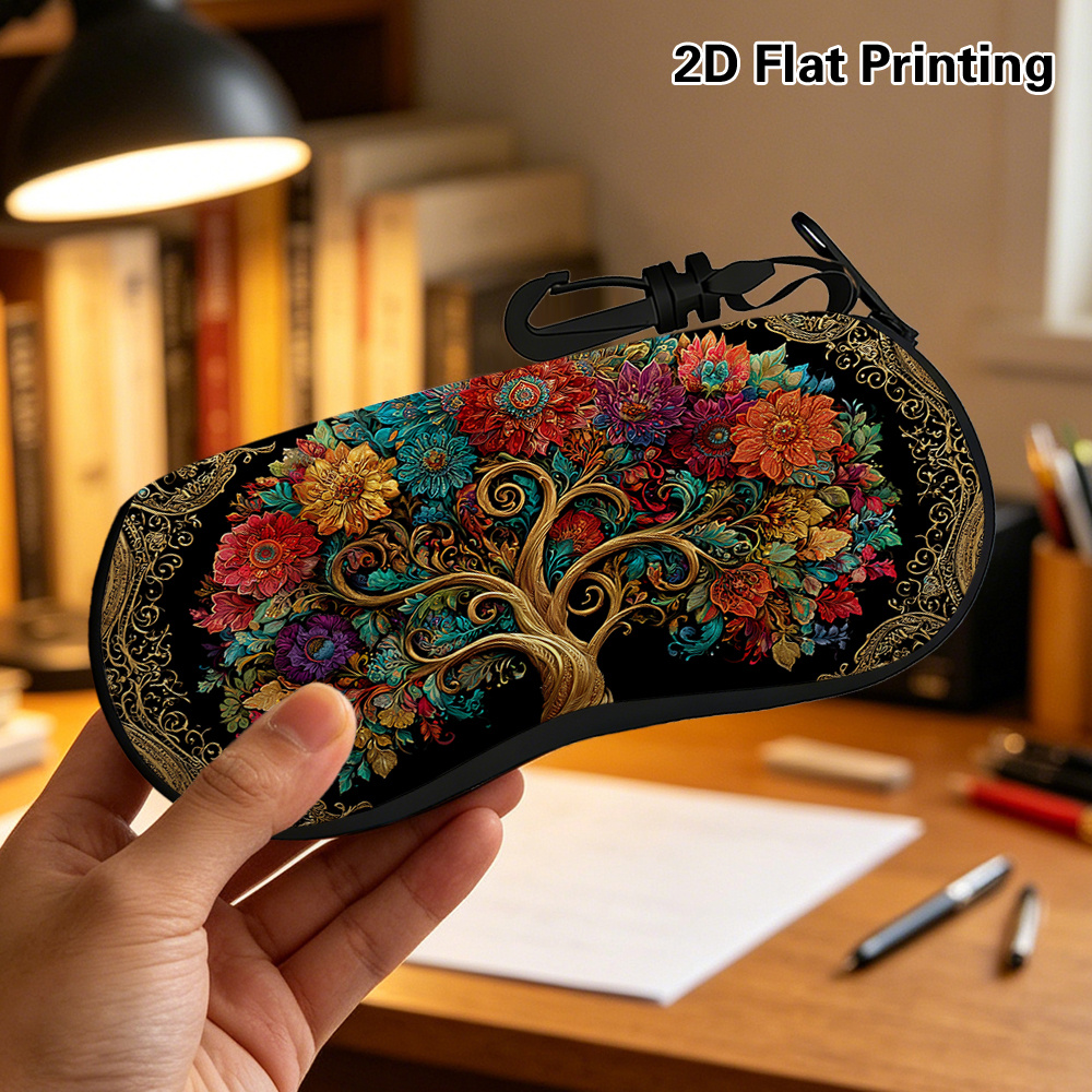 TEMU 2d Flat, 1pc 1pcs Suitable For Colorful Floral Tree Glasses Case Cover - 2d Flat Printing Eyewear Holder, Compact Wallet Accessory Box With Case