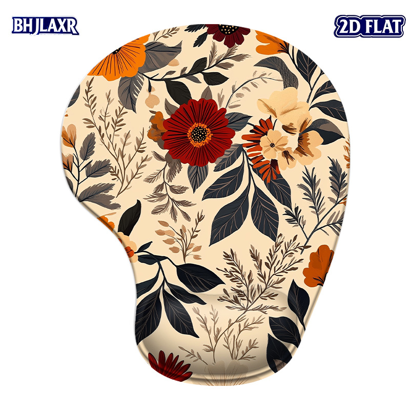 TEMU 1 pièce Tapis de souris ergonomique plat 2D en silicone avec -poignet, base antidérapante en PU, avec fleurs oranges rétro et feuilles vert