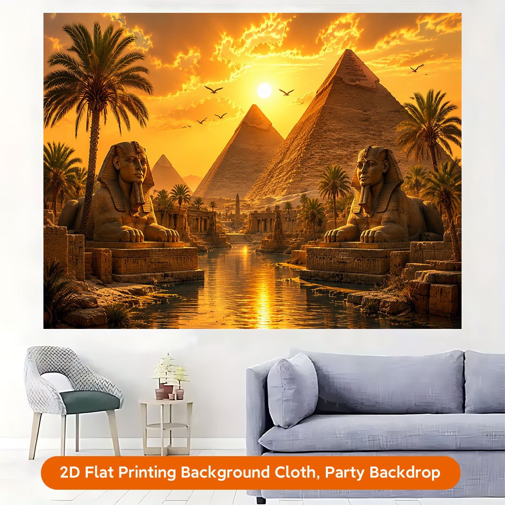 Ancient Pyramids and Sphinx Sunset Background Cloth Banner