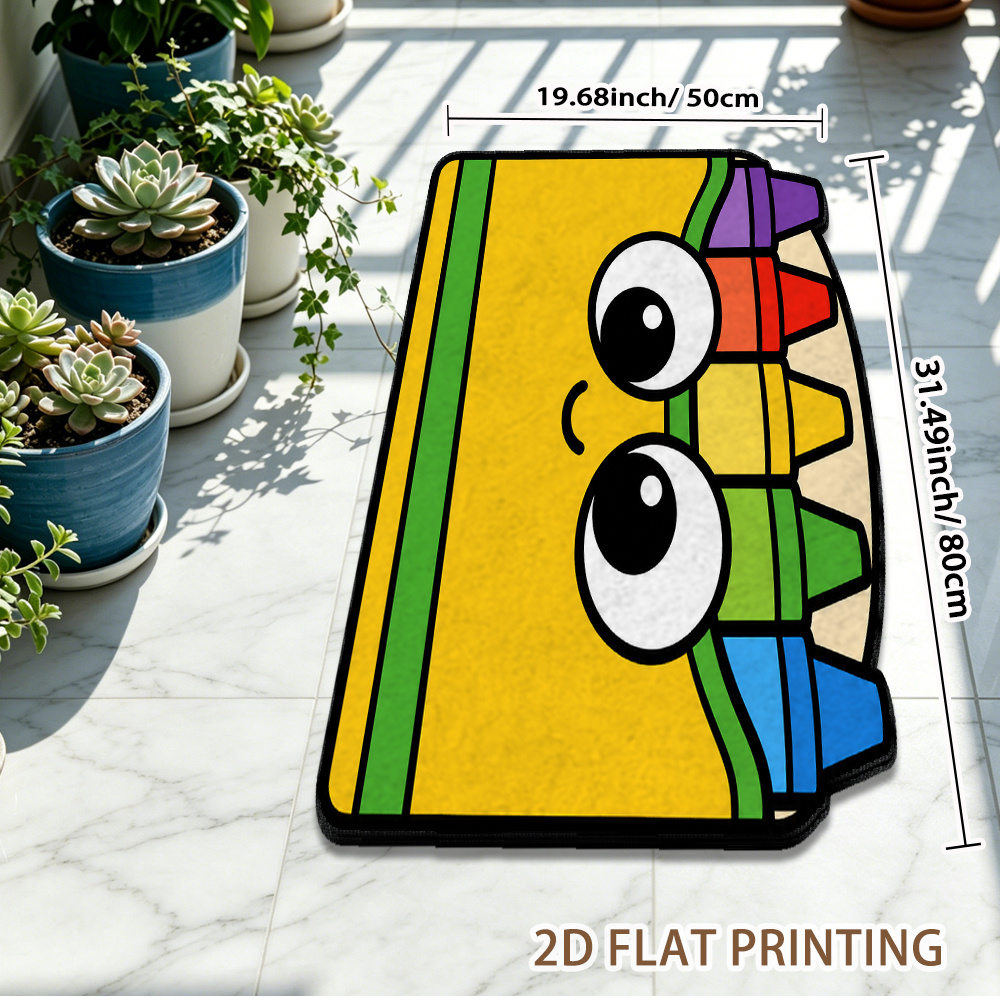 TEMU 2d Flat, 1pc Printed Mat Featuring Smiling Crayon Box Artistic Pattern Doormat, Pointed Plastic Base Carpet, Washable Rug For Bedroom Bedside,