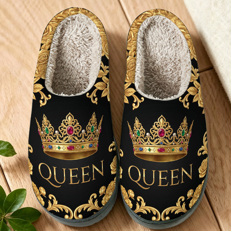TEMU 1 Pair Queen Crown Designed Slippers, Fashion Soft Slippers With Non-slip Sole, Comfortable Warm Plush Home Slippers For Men And Women Home