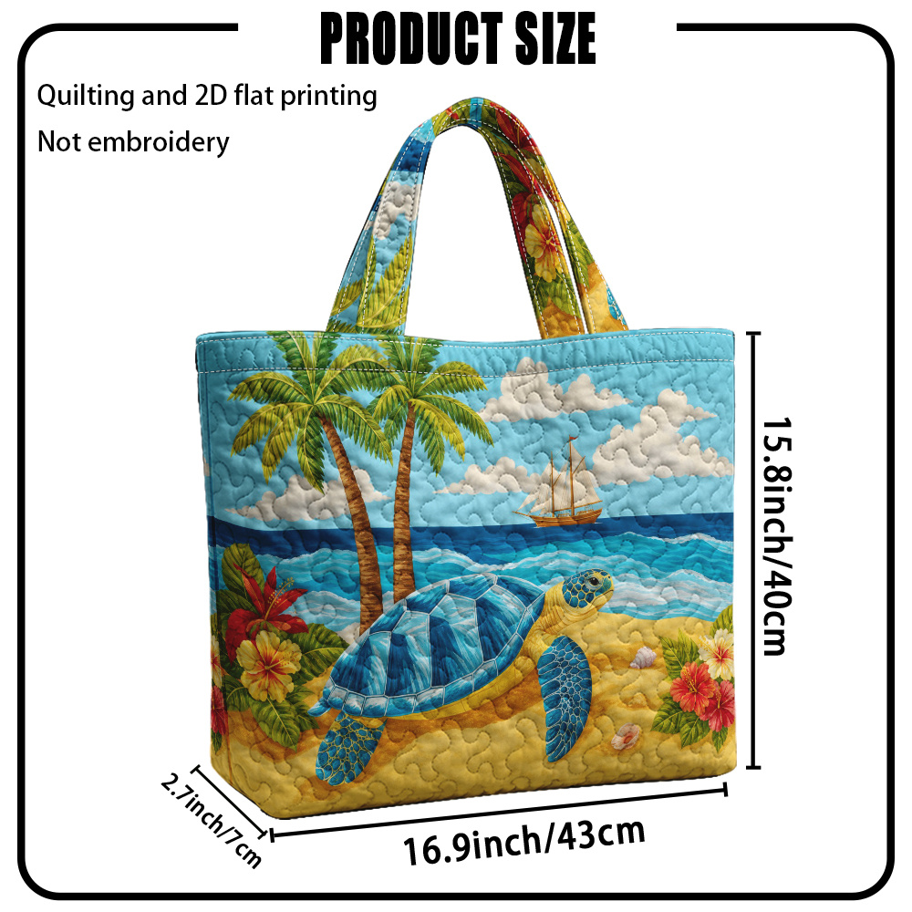 TEMU 1pc Reusable Grocery Bags,quilting And 2d Flat Printing Scene With Palm Trees Pattern Quilted Large Capacity Tote Bag, Handbag For Daily Commute