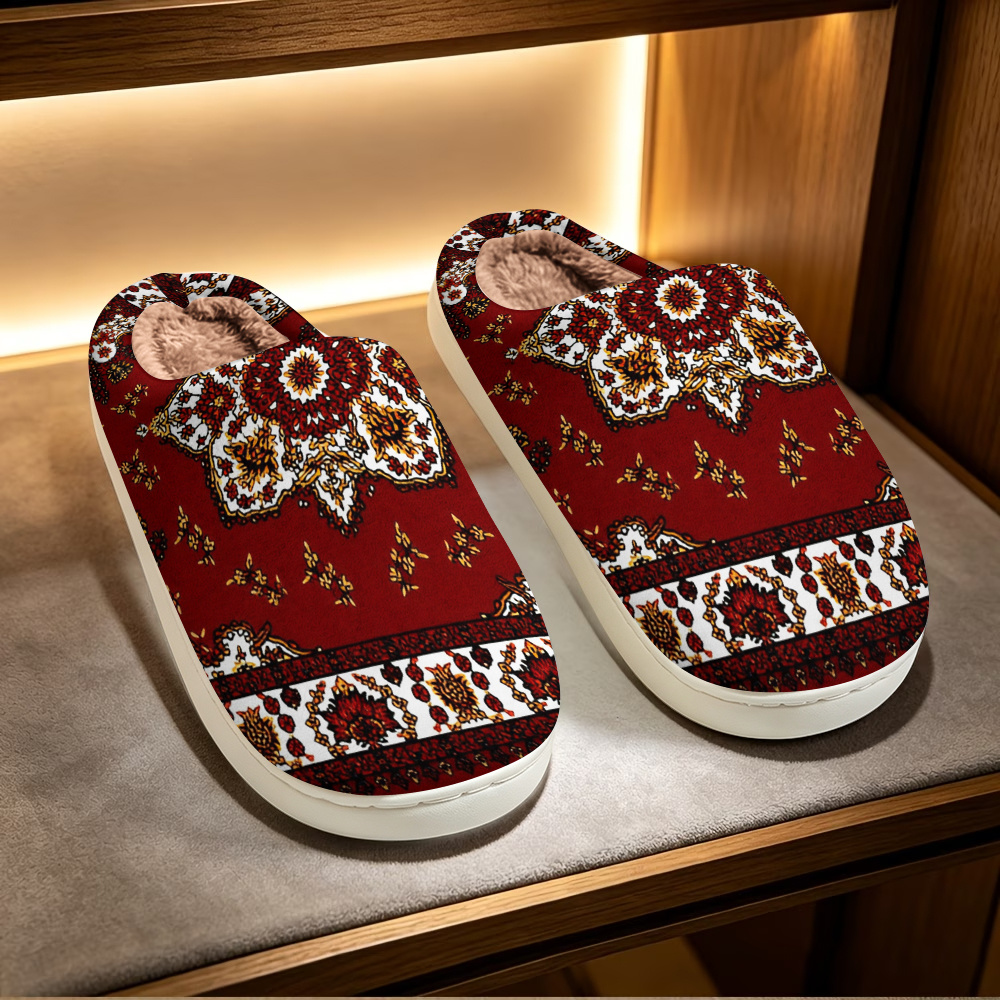 TEMU Early Winter Ethnic Print Slippers, Suitable For And Middle-aged Office Workers, Stay- Parents, Etc., In Bedrooms And Living Rooms, Warm And