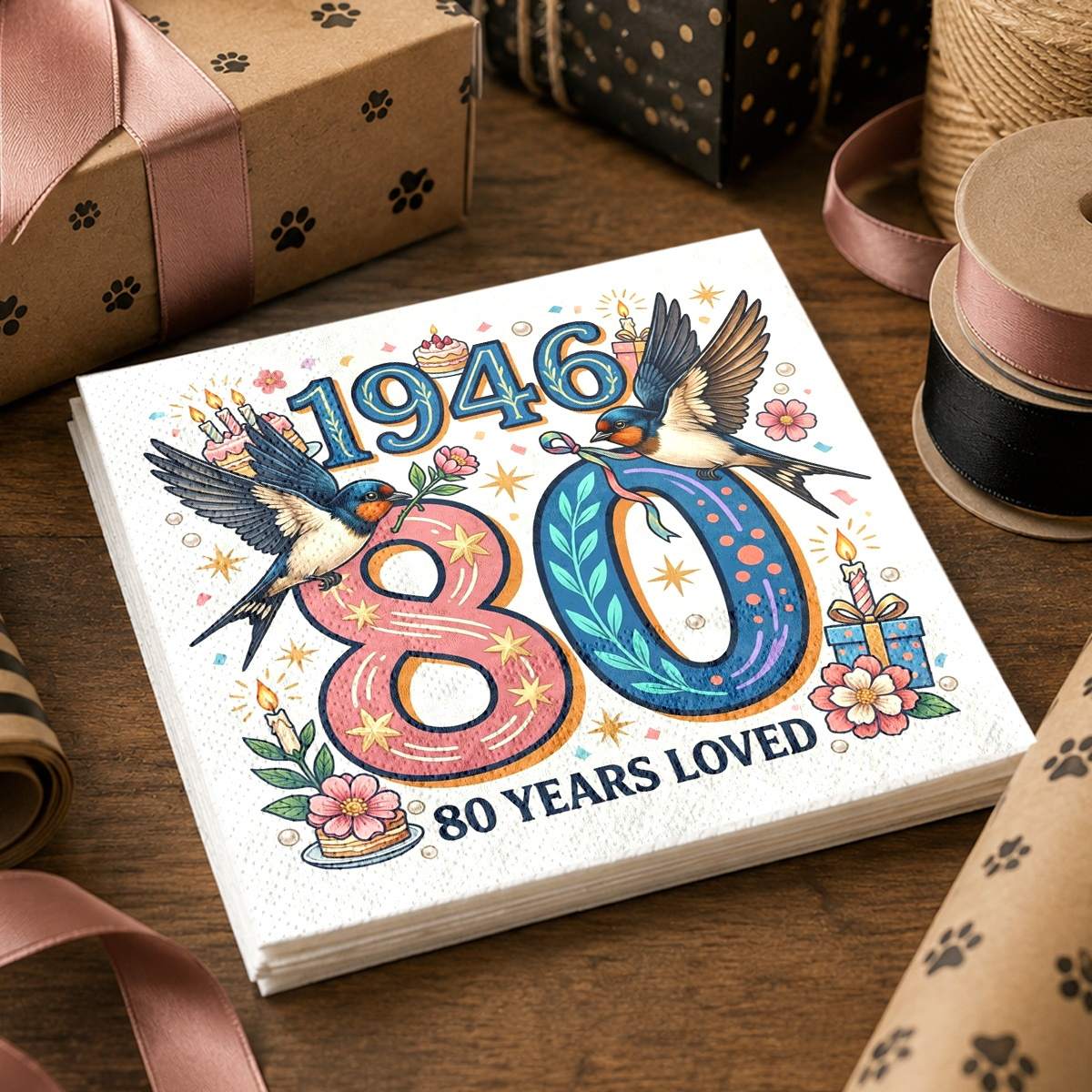TEMU 20pcs Double Swallow Blessing 1946 You 80th Birthday Happy Theme 2-layer Decorative Napkins, Square Tissues, Suitable For Kitchen, Party