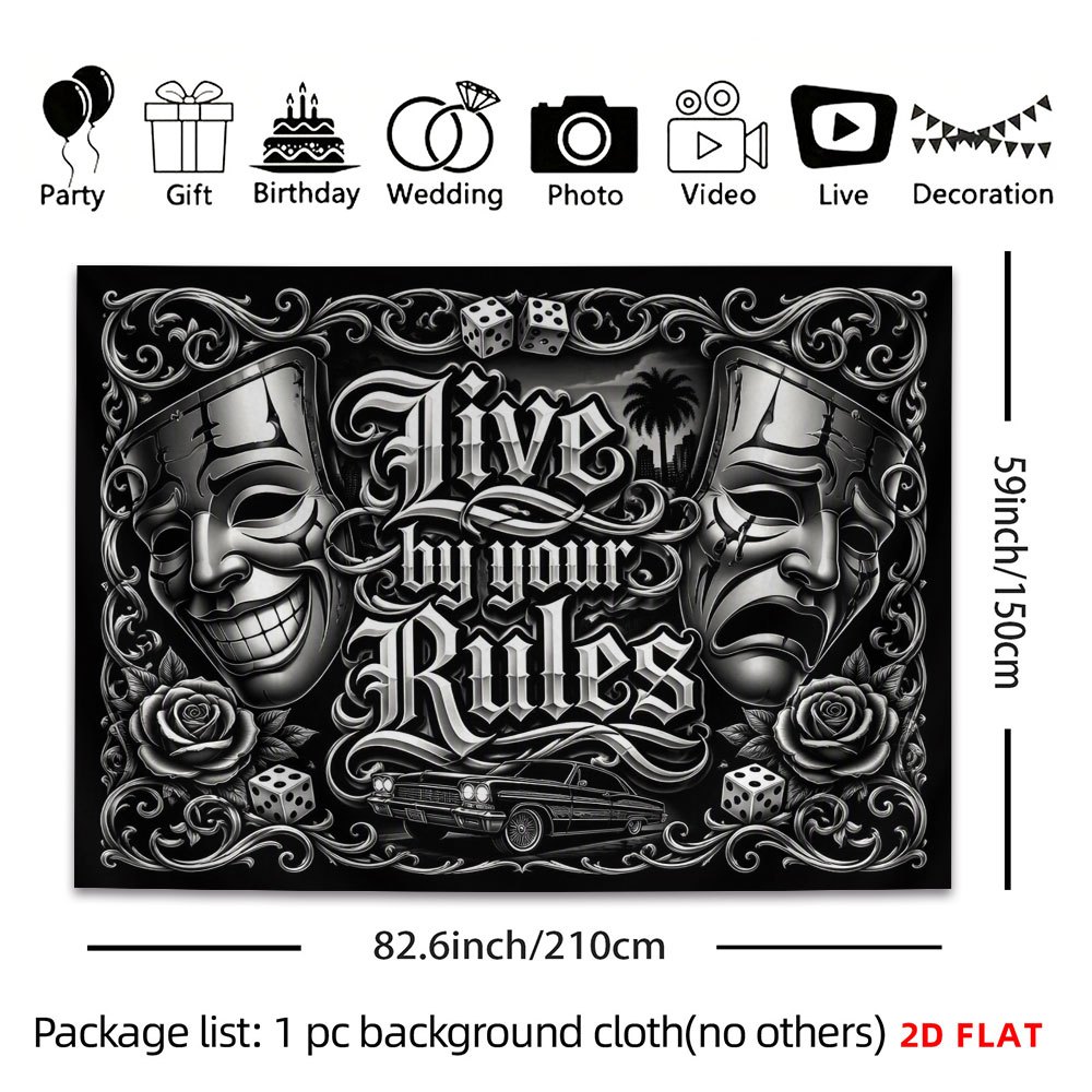 TEMU 2d Flat - 2d Flat - 1pc 2d Flat Tapestry Live By Your Rules - And White Tapestry With Theatrical Masks, Roses, And Dice In Ornate Frame
