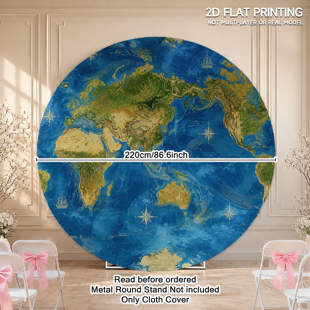 TEMU 2d Flat, 2d Flat - 2d Flat 1pc Elastic Round Backdrop Geography Map Pattern - Ideal For Banquets, Family Gatherings, Christmas, Anniversaries,