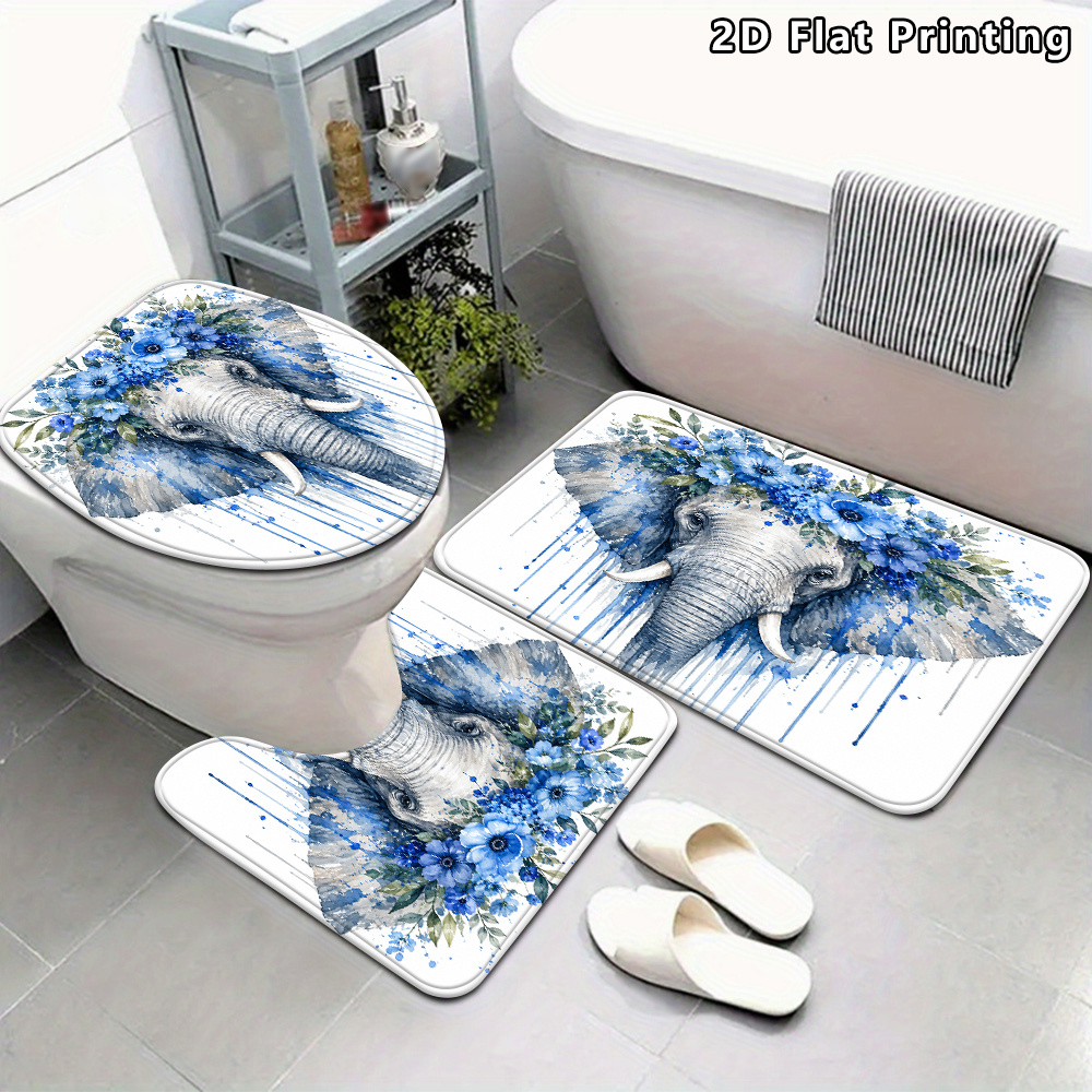 TEMU 2d Flat, 3pcs 2d Flat Elephant With Blue Flowers Bathroom Mat Set, Blue Floral Suitable For Bathroom Entrances, Bathroom Rug Set, Bathroom Decor