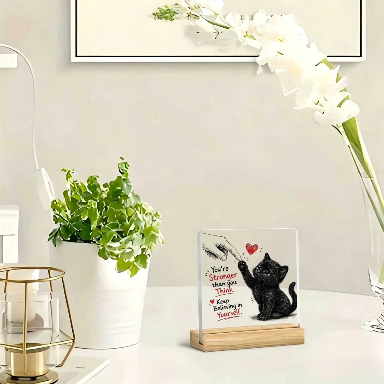 TEMU 1pc Black Cat Heart-shaped Text Decoration Ornament, Inspirational And Slogan, Acrylic Ornament With Wooden Base, Paperweight, Office Desk
