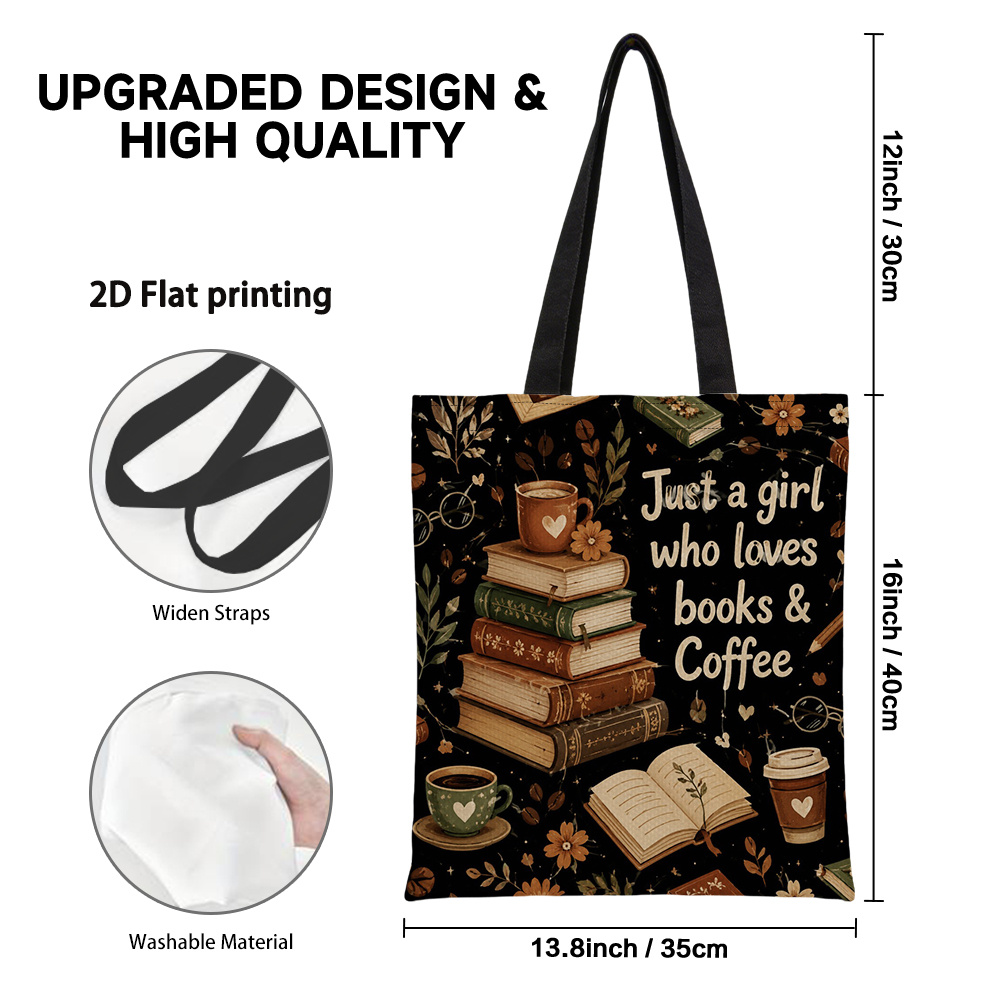 TEMU 1pc Books Coffee & Print Tote Bag Suitable For Shopping, Travel, Everyday Use - Rectangular Bag With Books & Coffee Cup, Hot Transfer Printing