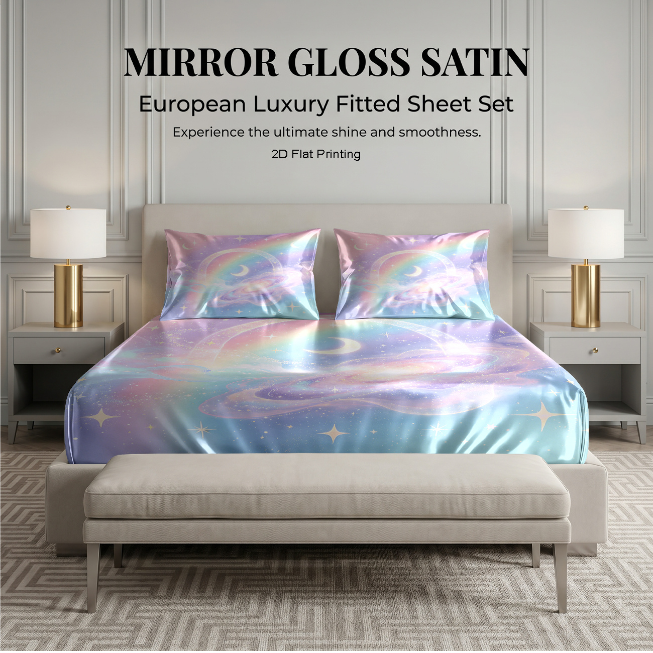 TEMU 2pcs/3pcs Satin Bed Sheet Set Suitable For - Cooling Bedding With Celestial Pattern Fitted Sheet & Pillowcases, Quilted -friendly