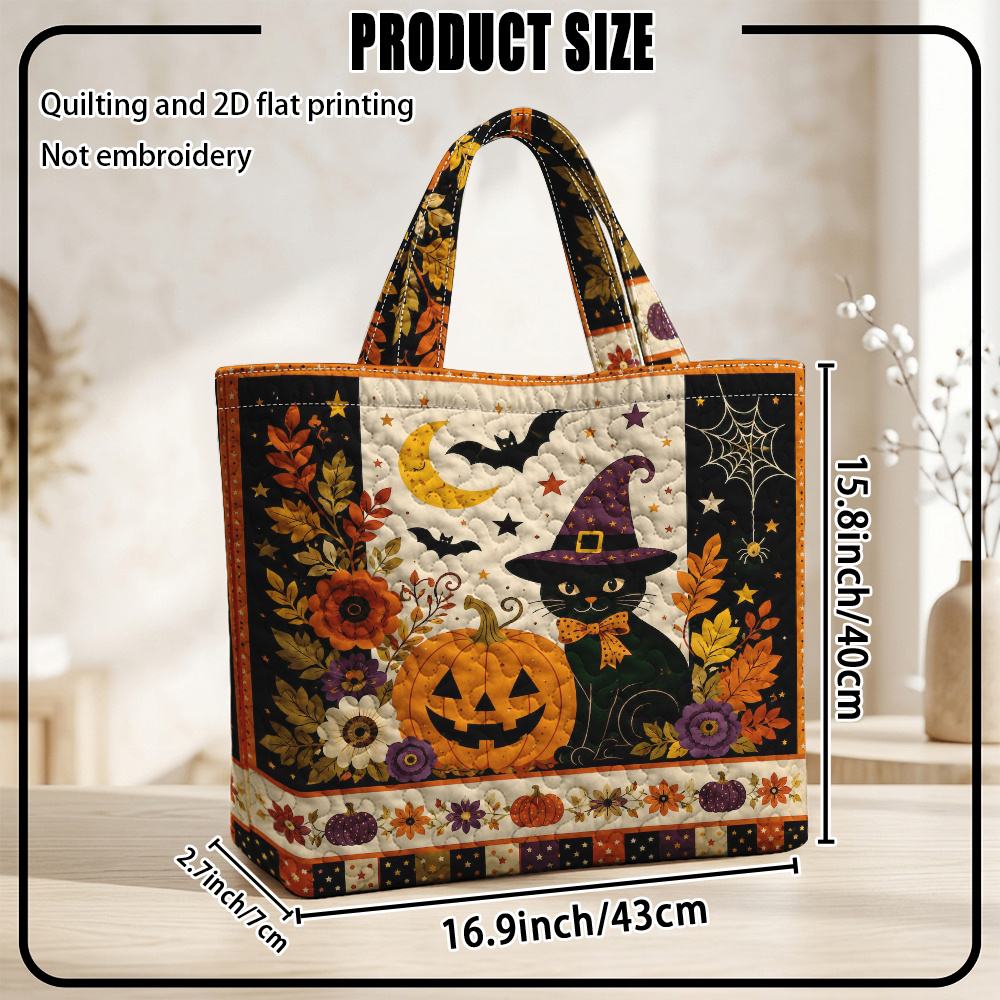 TEMU 1pc Reusable Grocery Bag, Quilting And 2d Flat Printing Halloween Black Cat And Pumpkin Design Pattern Large Capacity Tote Bag (non-) With