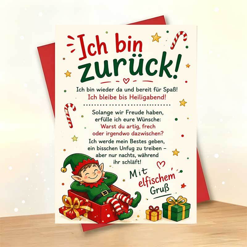 TEMU 1 Grußkarte + 1 Umschlag Fröhliche Weihnachtsgrußkarte, Elf im Geschenkkarton "Ich bin zurück" Geeignet für Freunde, Festliche Wintersaison,