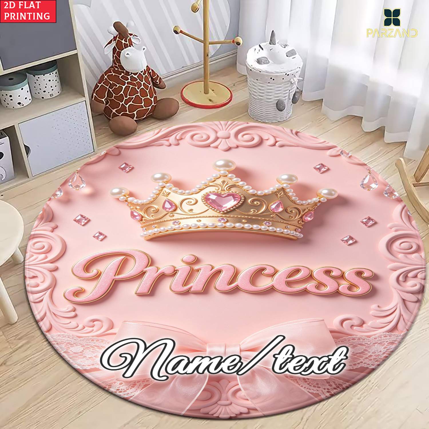 TEMU 2d Flat 1pc 850gsm Custom Name Pink Princess Crown Hd Printed Round Carpet, Kitchen Rugs, Yoga Mat, Non-slip Bathroom Mats, Absorbent Washable