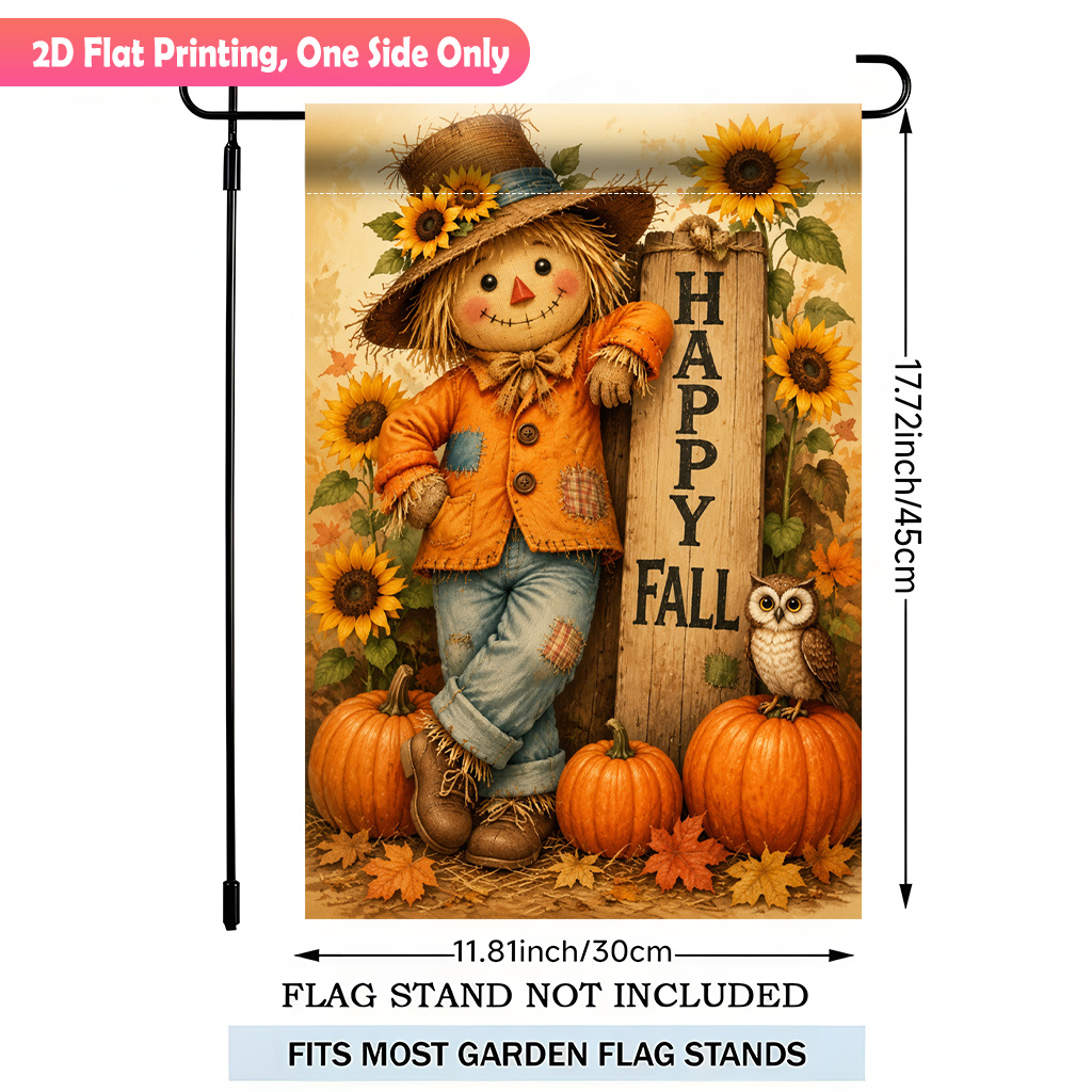 TEMU Plat 2D, Drapeau de jardin imprimé plat 2D, 1 pièce, Épouvantail avec citrouilles d'automne, Drapeau de jardin en polyester à une face, Bannière