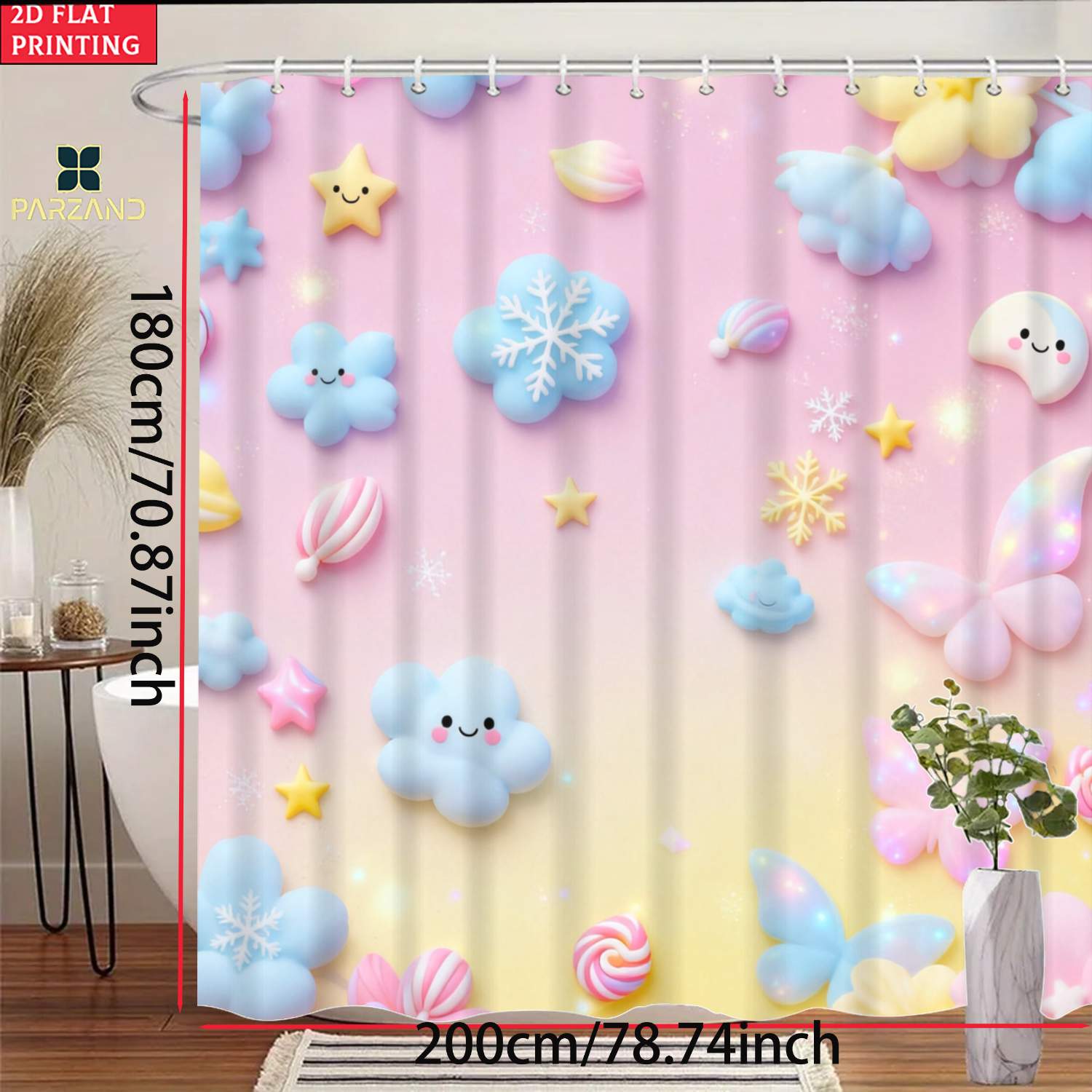 Cloud Snowflake Print Shower Curtain, Elegant Bathroom Decor