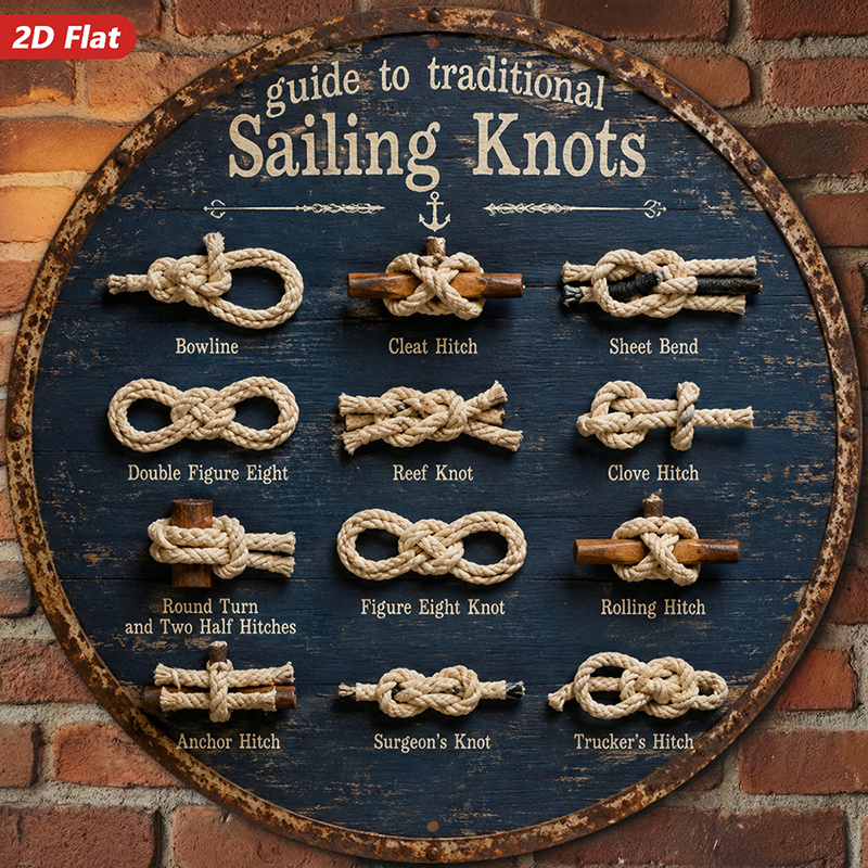 TEMU 2d Flat, 1pc Nautical Knot Guide Round Metal Sign Wall Art, Guide To Traditional Sailing Knots, Suitable For Studio , Rope Knot Illustrations,
