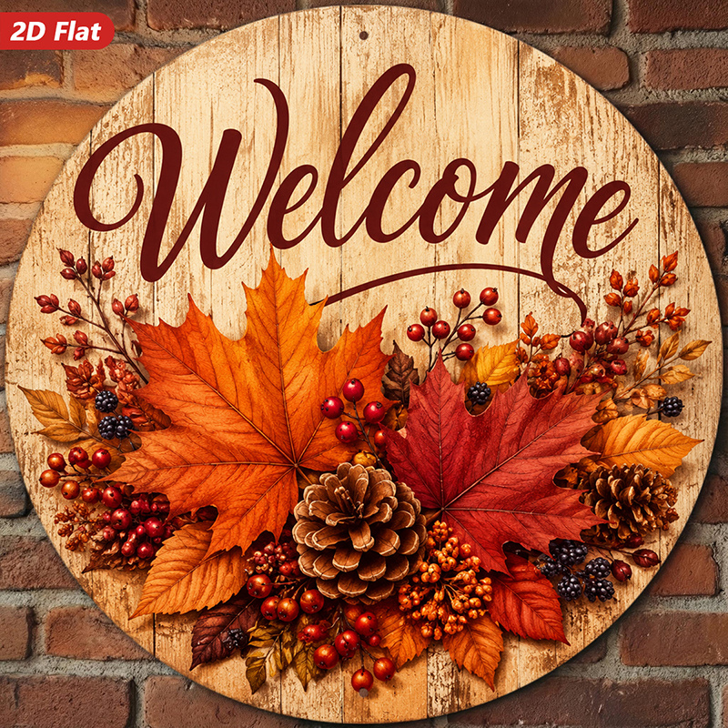 TEMU 2d Flat, 2d Flat Plane, 1pc Autumn Welcome Rustic Style Round Wooden Wall Decor, Featuring "welcome" Lettering, Leaves, Clusters, And Accents.