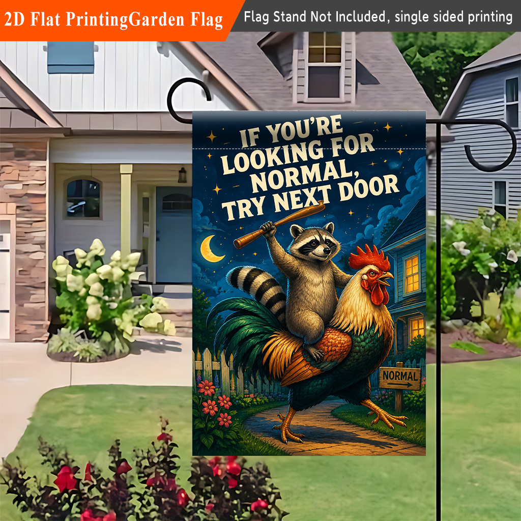 TEMU 2d Flat - 2d Flat 1pc, Raccoon Riding Rooster , Single-sided Printed Flag, Porch Decoration, Suitable For Garden And Yard Decoration, Autumn