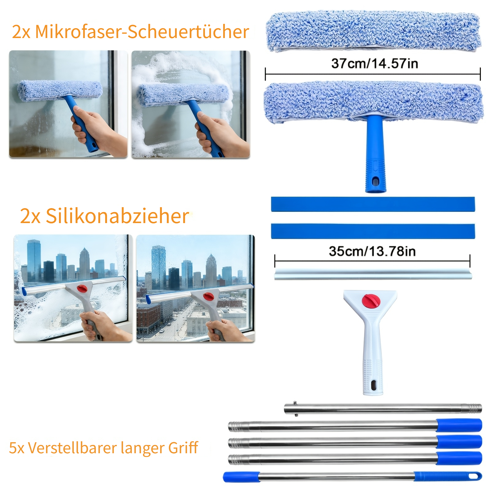 Multi-surface Glass Cleaning Tool, 1.37m Long Pole, Detachable 35cm Squeegee And Washer Heads, Handle For Quick , Durable Plastic Grip, Ideal For Windows, Car Washing, And Kitchen Tiles