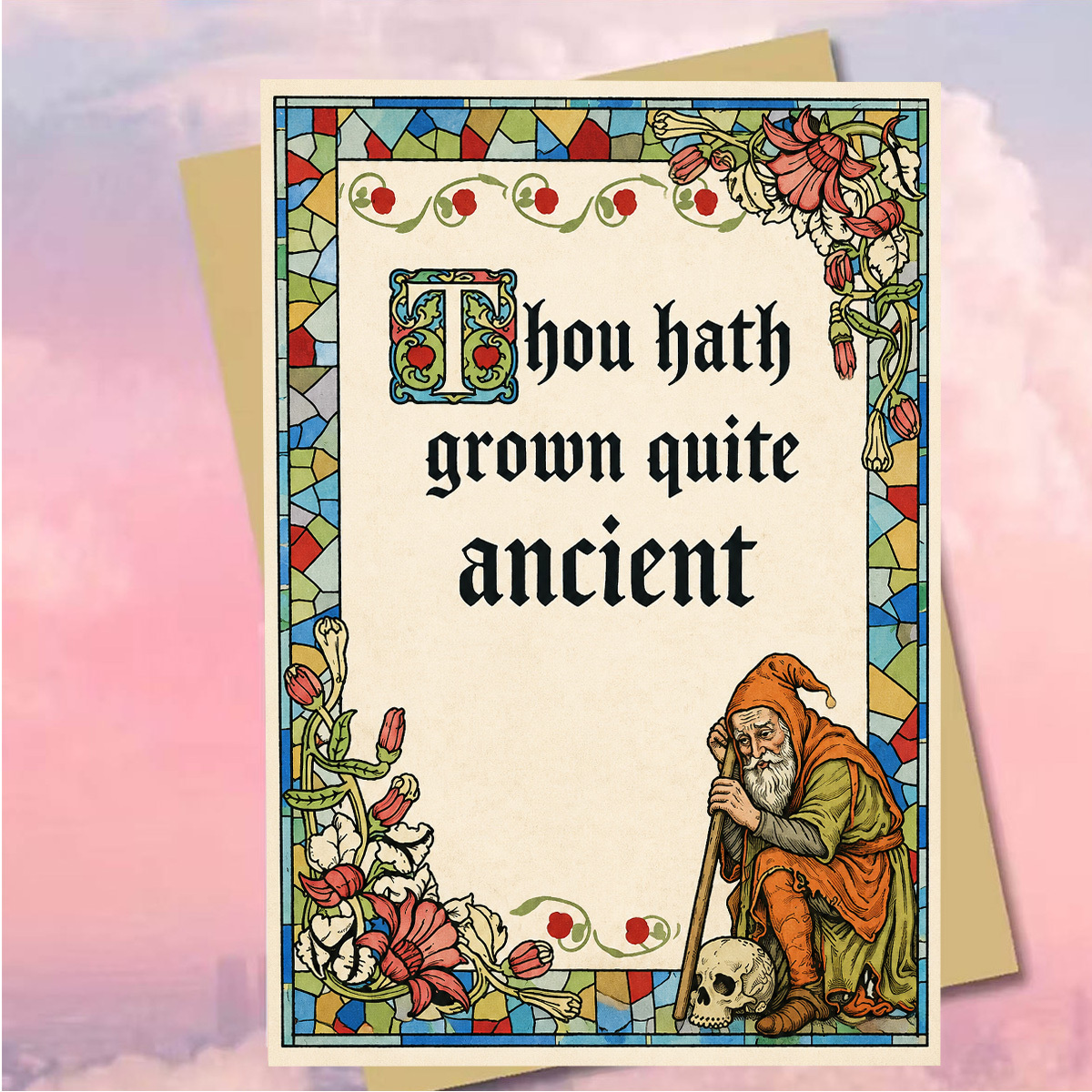 TEMU 1pc Vintage Humorous Halloween/birthday Greeting Card, " Hath Grown Ancient," Featuring A Stained Glass Border And Old Dwarf Skeleton Elements,