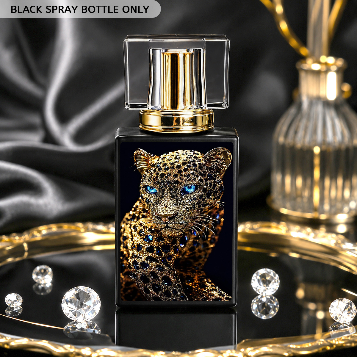 TEMU 1pc Refillable Black Square Glass Perfume Spray Bottle, Wild Diamond Leopard With Eyes Print Travel Atomizer Bottle, Golden Reusable Mini Scent