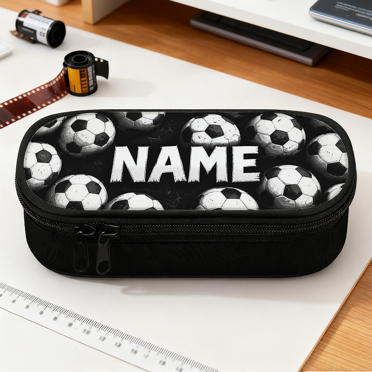 TEMU Customized 1pc Soccer Ball 2d Flat Pattern Large Pencil Case With Zippered Compartments, Fashionable Personalized Custom Name/text Pencil Pouch