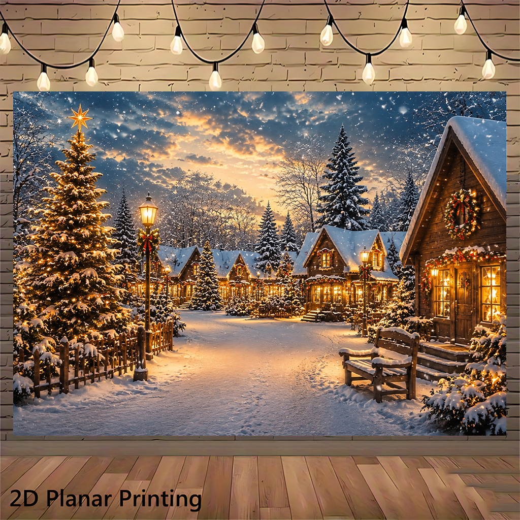 TEMU 2D Plat, 1 stuk Geschikt voor Huis- & Wanddecoratie Winterdorp Scène Spandoek - Rechthoekige Kerstachtergrond met Besneeuwde Huizen & Fonkelende
