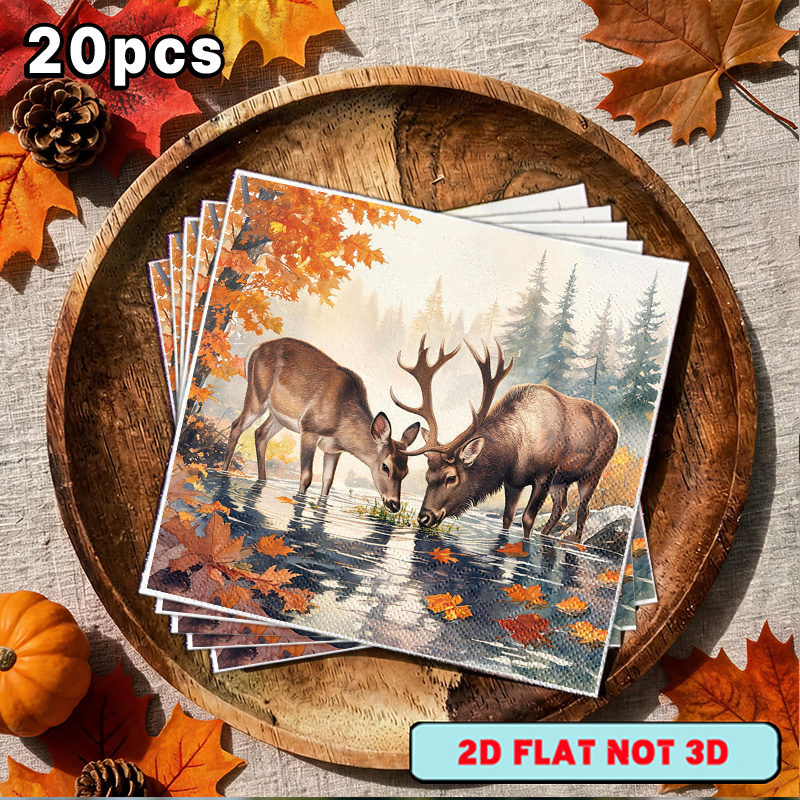 TEMU 20pcs Ysw Fall Deer Napkins Suitable For Party, For & For Restaurant - 2-ply Thick Paper With Autumn Forest Stream Deer Pattern, Suitable For,