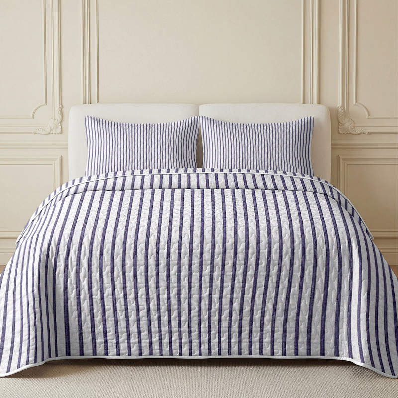 TEMU 3pcs Blue And White Striped Background Printed Quilted Bedding (bed Cover X 1, Pillowcases X 1/2, Pillow Inserts Not Included), Breathable And