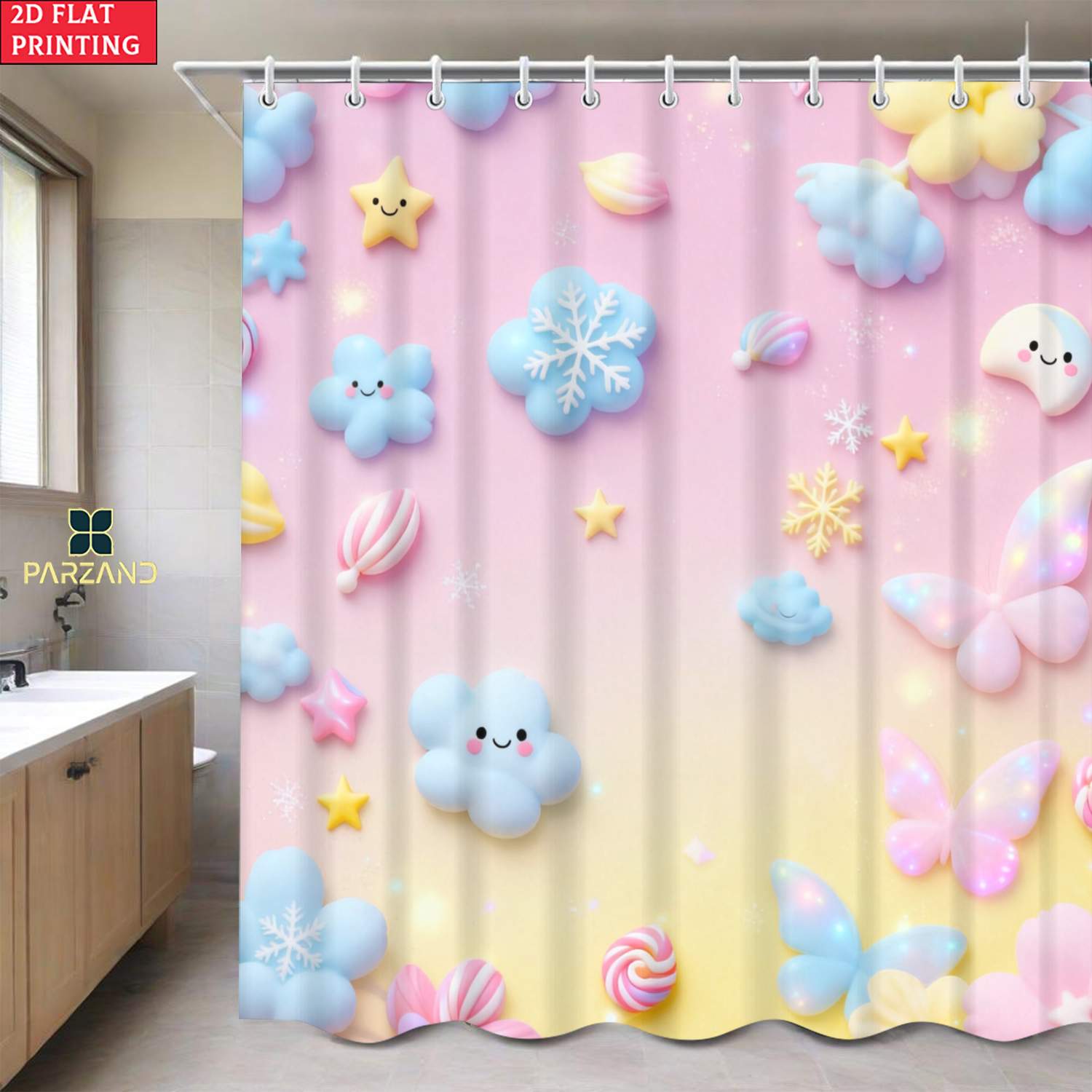 Cloud Snowflake Print Shower Curtain, Elegant Bathroom Decor
