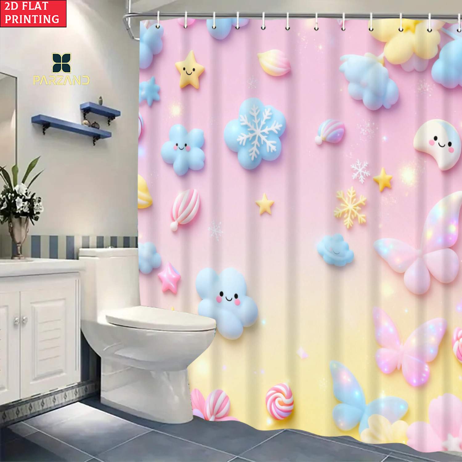 Cloud Snowflake Print Shower Curtain, Elegant Bathroom Decor