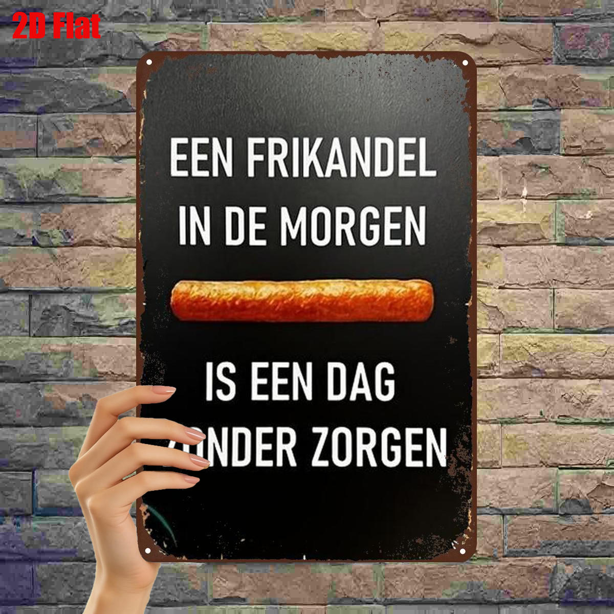 TEMU 2D Plat, 2D Plat 1 stuk, "Een vroege ochtendfrikandel is een dag zonder zorgen" - Vintage metalen kunstbord 8×12 inch, 2D Plat