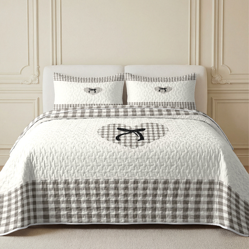 TEMU 3pcs Plaid Heart And Bow Print Quilted Bedspread Set, Bedspread*1, Pillowcase*1/2, Pillow Inserts Not Included, Breathable And Comfortable,