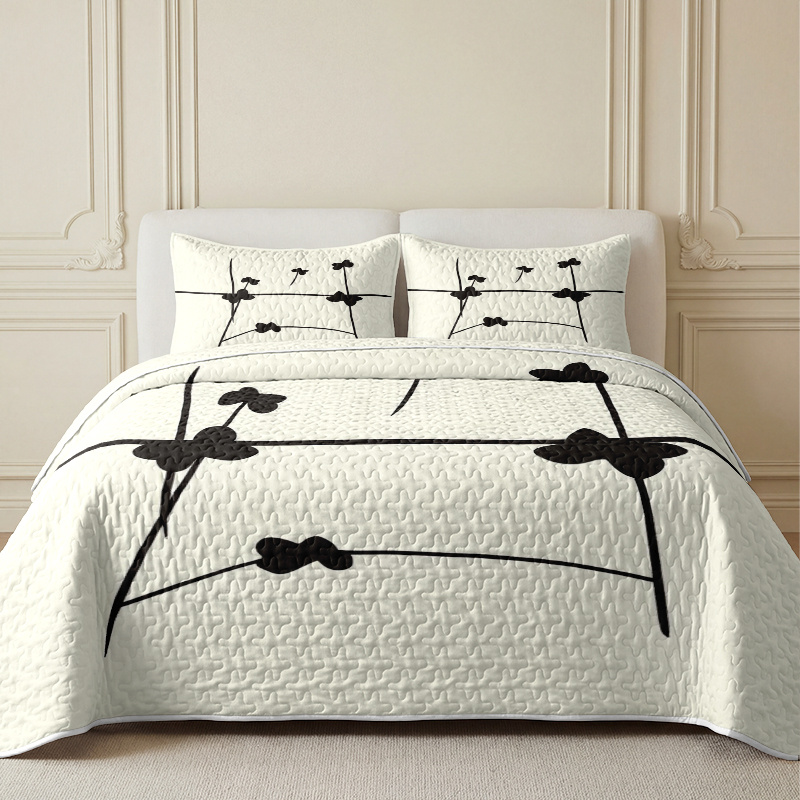 TEMU 3pcs Abstract Line Black And White Floral Print Quilted Bedspread Set, Includes 1 Bedspread And 1/2 Pillowcases (pillow Inserts Not Included).
