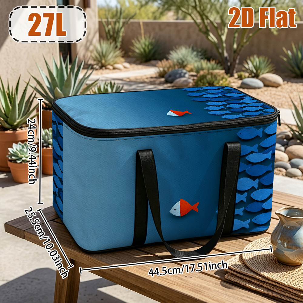 TEMU 2D плоска, 5.8L/27L стильна термосумка для пікніка з червоно-синім візерунком риб, (не для прямого контакту з їжею) портативна охолоджуюча сумка