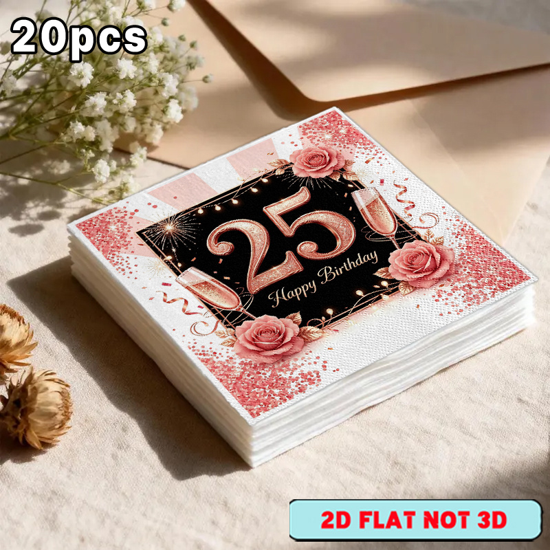 TEMU Lot de 20 serviettes YSW pour 25e anniversaire avec décorations de rose et champagne - Serviettes en papier jetables à double couche pour