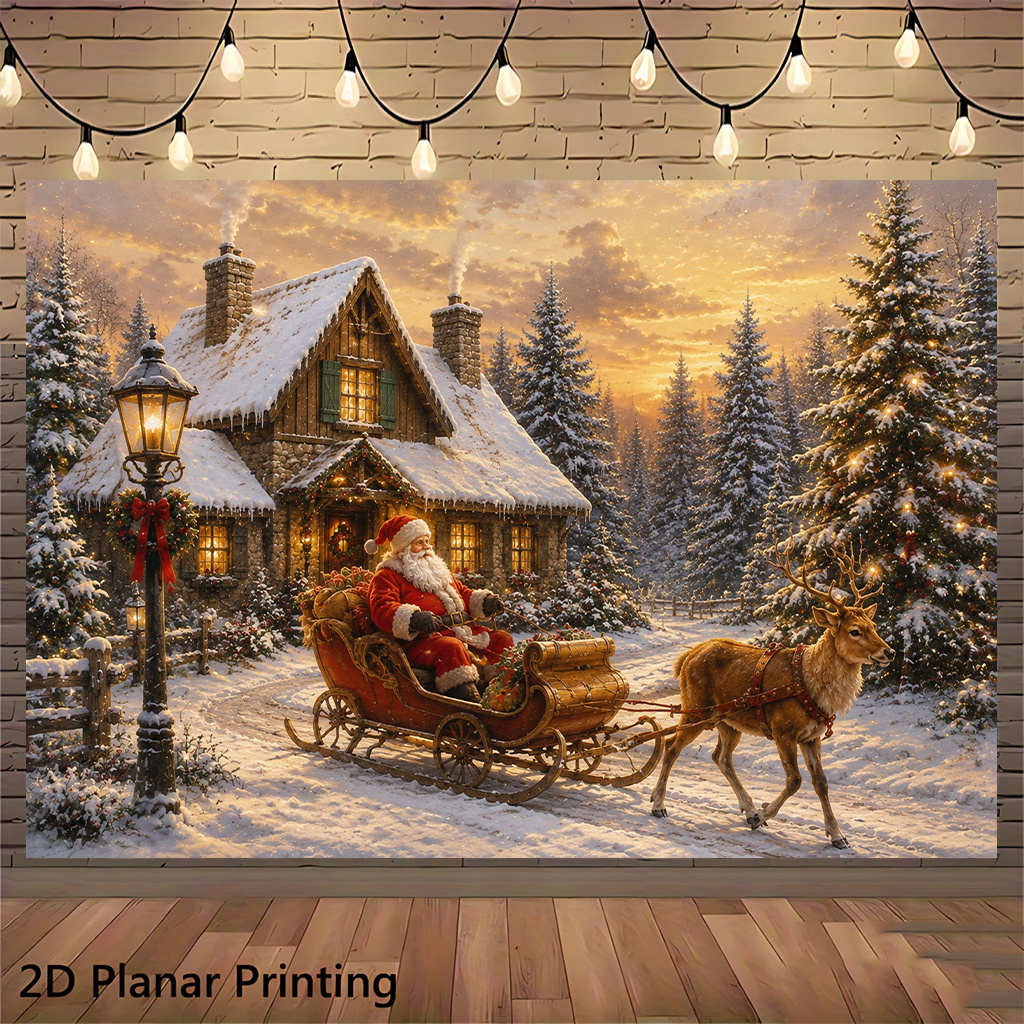 TEMU 2D Plat, 1 stuk Geschikt voor Huis- & Wanddecoratie Kerstman Slee Rit Winterbos Spandoek - HD Digitale Stoffen Achtergrond met Kerstman Slee &