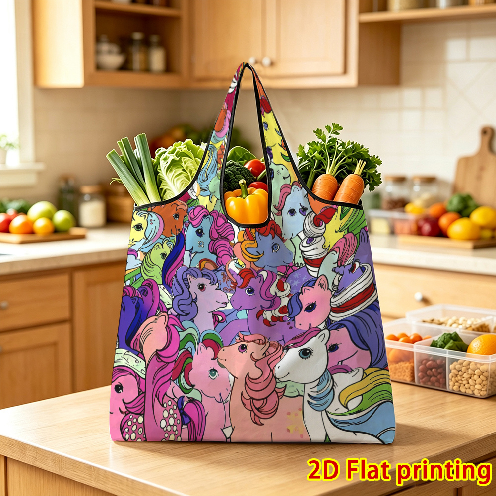 TEMU 1pc, Colorful Cartoon Ponies Reusable Shopping Bags Foldable Design Suitable For , New Year, Travel, Sturdy Handle, Stylish Accessory,