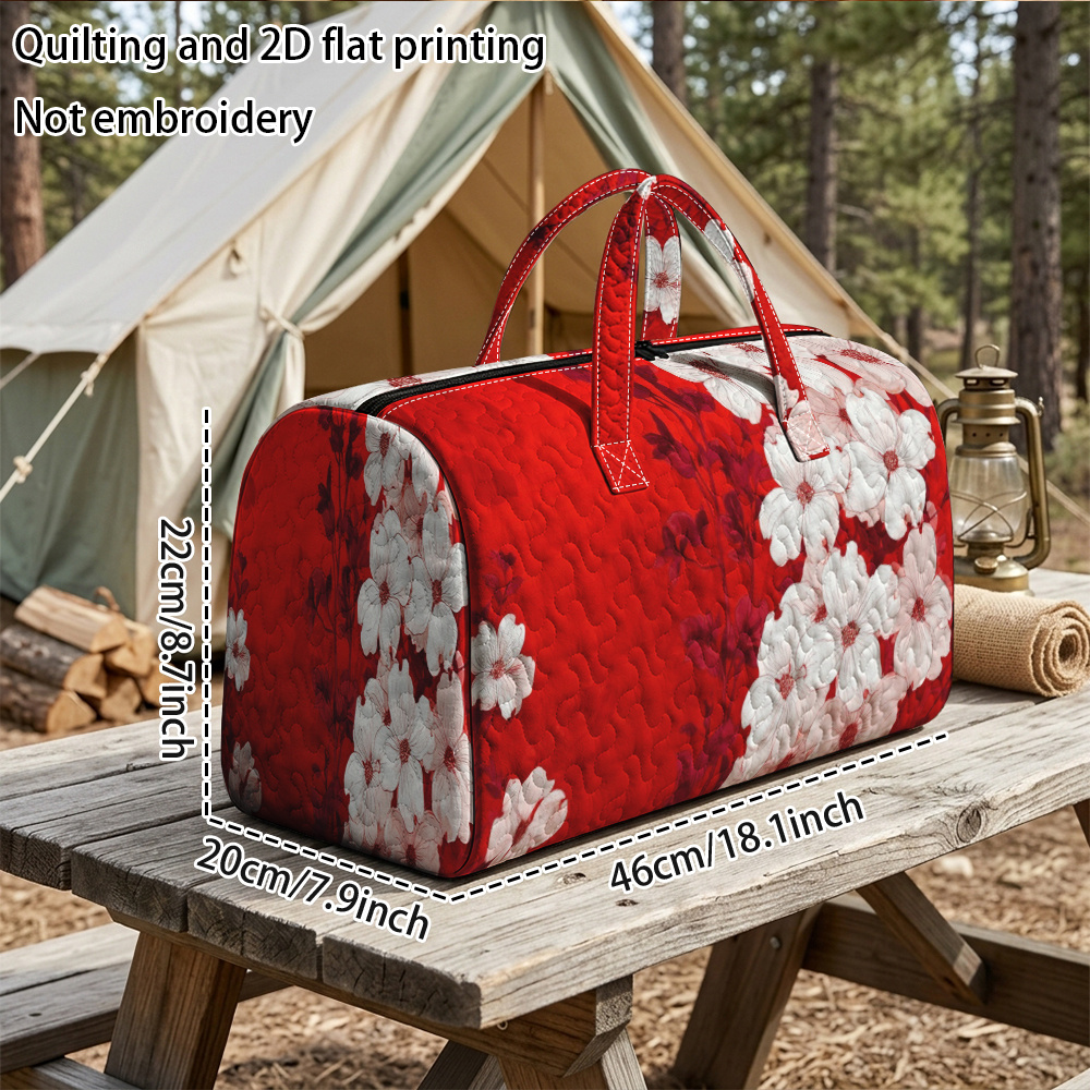 TEMU Quilting And 2d Flat Printing Not White Blossoms On Red Quilted Tote Bag, Quilted Travel Bag, Quilted Duffle Bag, For Large Capacity Tote Travel